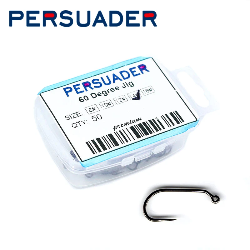 PERSUADER 50pcs/box fish-friendly barbless fly fishing hooks sizes8# 10# 12# 14# 16# dry&wet&nymph 60 degree Jig fly tying hooks