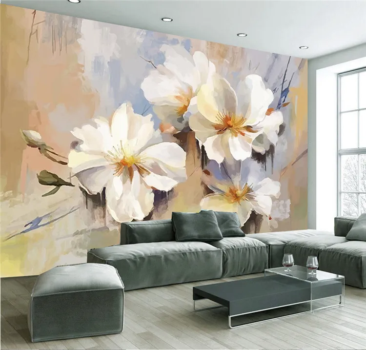 

European 3D Painting Wall Mural Photo Wallpaper White Flower Wall Paper for Bedroom Wallpaper Wallcoverings TV Backsplash