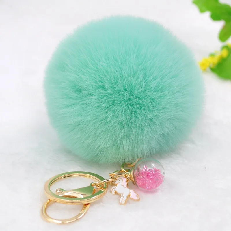 Fluffy Fur Pompom Ball Unicorn Keychain Female Crystal Charm Pompon Key Chain For Women Car Bag Trinket Party Gift