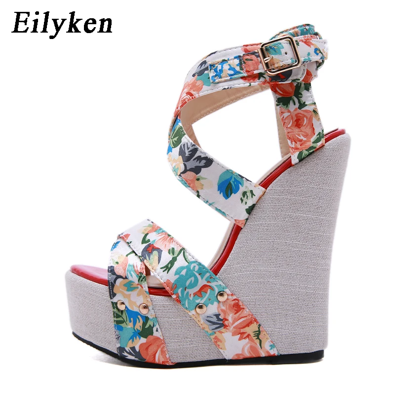 Eilyken Designer Buckle Strap Platform Wedges Women\'s Sandals Fashion Silk Open Toe High Heels Banquet Party Shoes