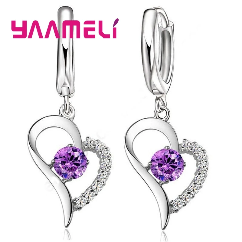 Lovely Heart Drop Earrings With Purple Crystals 925 Sterling Silver Color Ear Jewelry For Woman Wedding Birthday Gifts