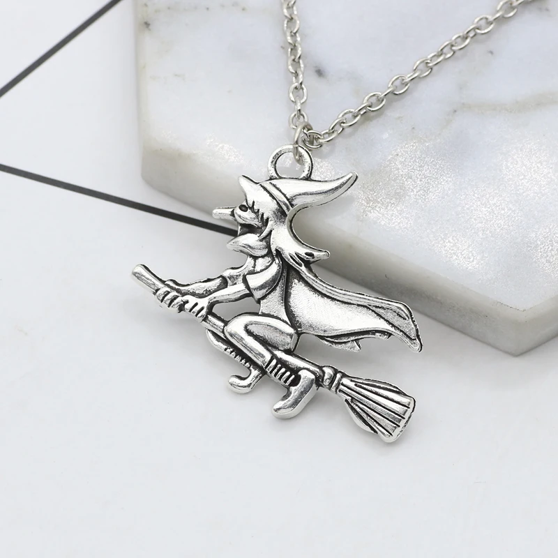 Punk Retro Witch Riding A Broom Necklace Fairy Alloy Neutral Pendant Fashion Men And Women Jewelry Halloween Gift Direct Sales