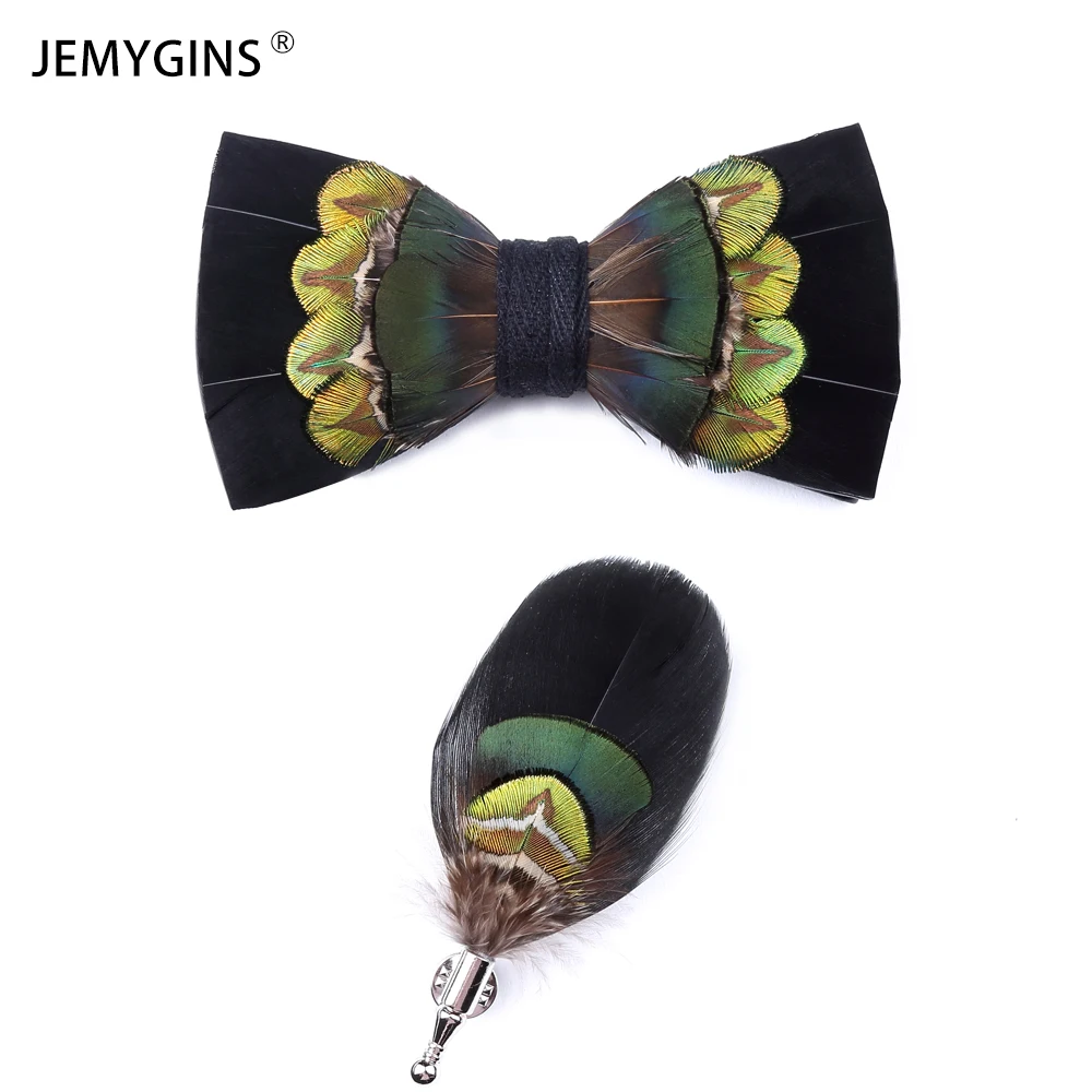 JEMYGINS New listing handmade solid color peacock feather bow tie  brooch set high quality men bow tie wedding party gift Cravat