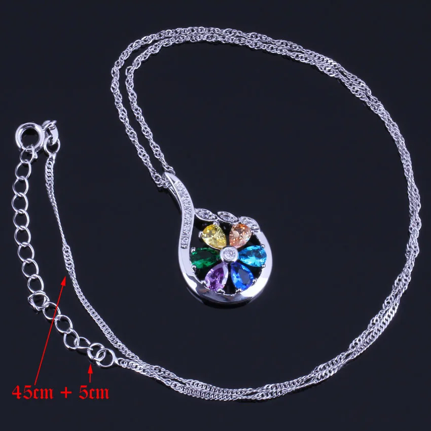 Flower Multigem Multicolor Cubic Zirconia Silver Plated Jewelry Sets Earrings Pendant Chain Ring V0319