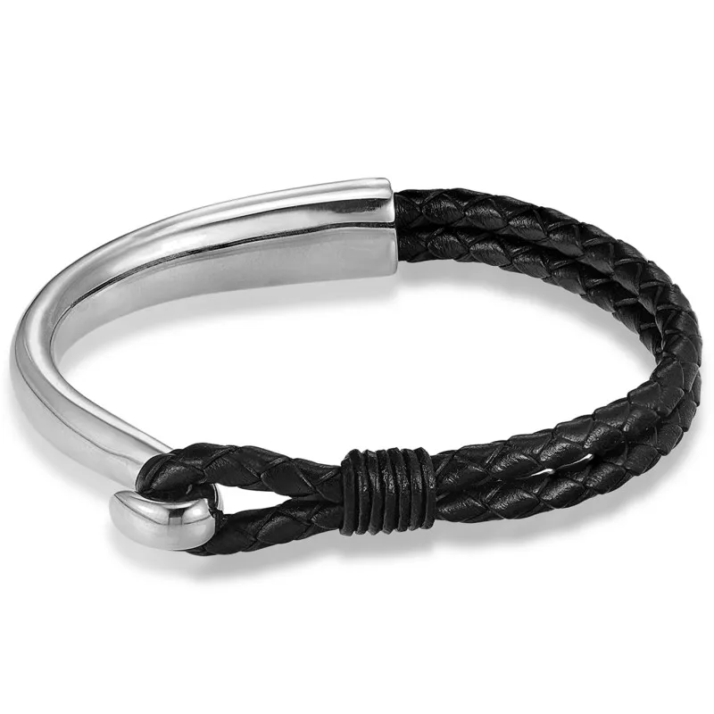 Fashion 21cm Stainless Steel Woven Black Braid Cuff Genuine Leather Bracelets & Anchor Bracelet Men Jewelry Summer Gift Pulseira