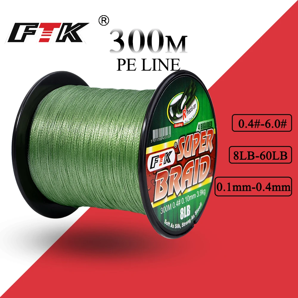 FTK Braided Wire 300M PE Braided Fishing Line 0.4-6.0 Code 4 Strands 8LB 10LB 20LB 60LB PE Braided Multifilament Fishing Line