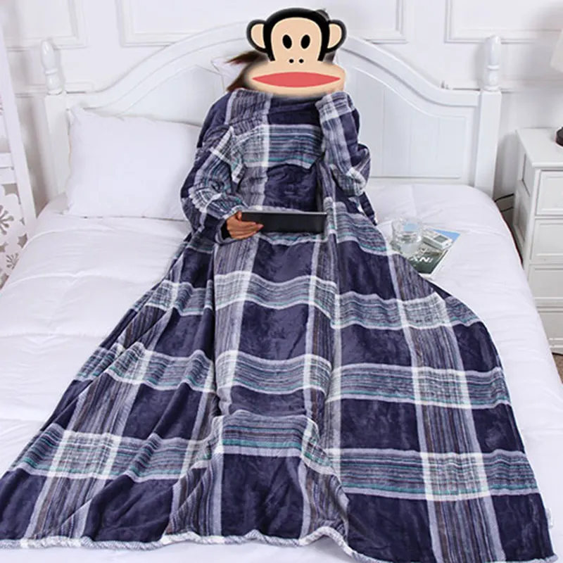 Thick Fleece Throw Blanket with Sleeves Adult Cozy Travel Plaid Warm Plush Winter Blanket For Sofa couette de lit adulte