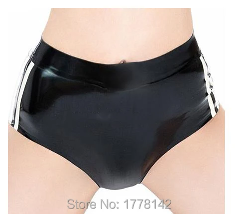 

WOMEN Black with White Trims Sexy Latex Briefs With Stripes Rubber Underwear Customized