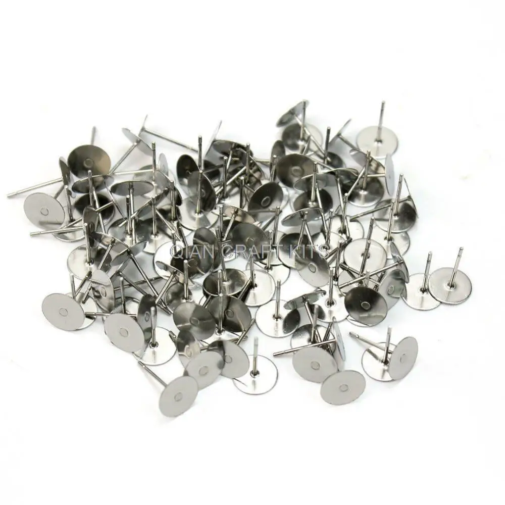 

1000 sets mixed sizes (4mm-8mm gluable pads) Silver tone Base Metal Earring Posts Studs 12mm long w/ free silicone backs