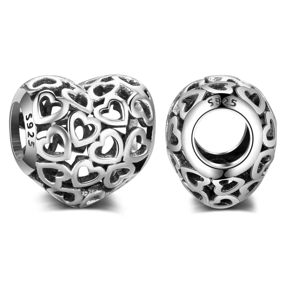 Authentic 925 Sterling Silver Beads Hollow Love Heart Bead For Original Pandora Charm Bracelets & Bangles Jewelry