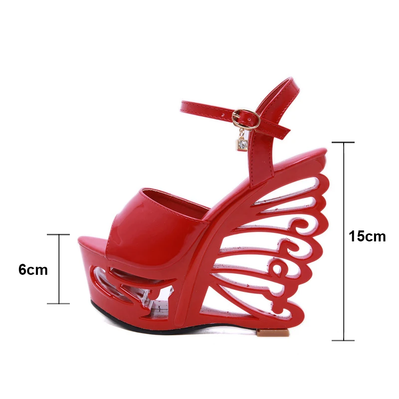 New Summer Patent Leather Hollow Wedges Platform Ankle Strap Sandals 2019 Women Party Wedding Strange High Heels Shoes WS0086