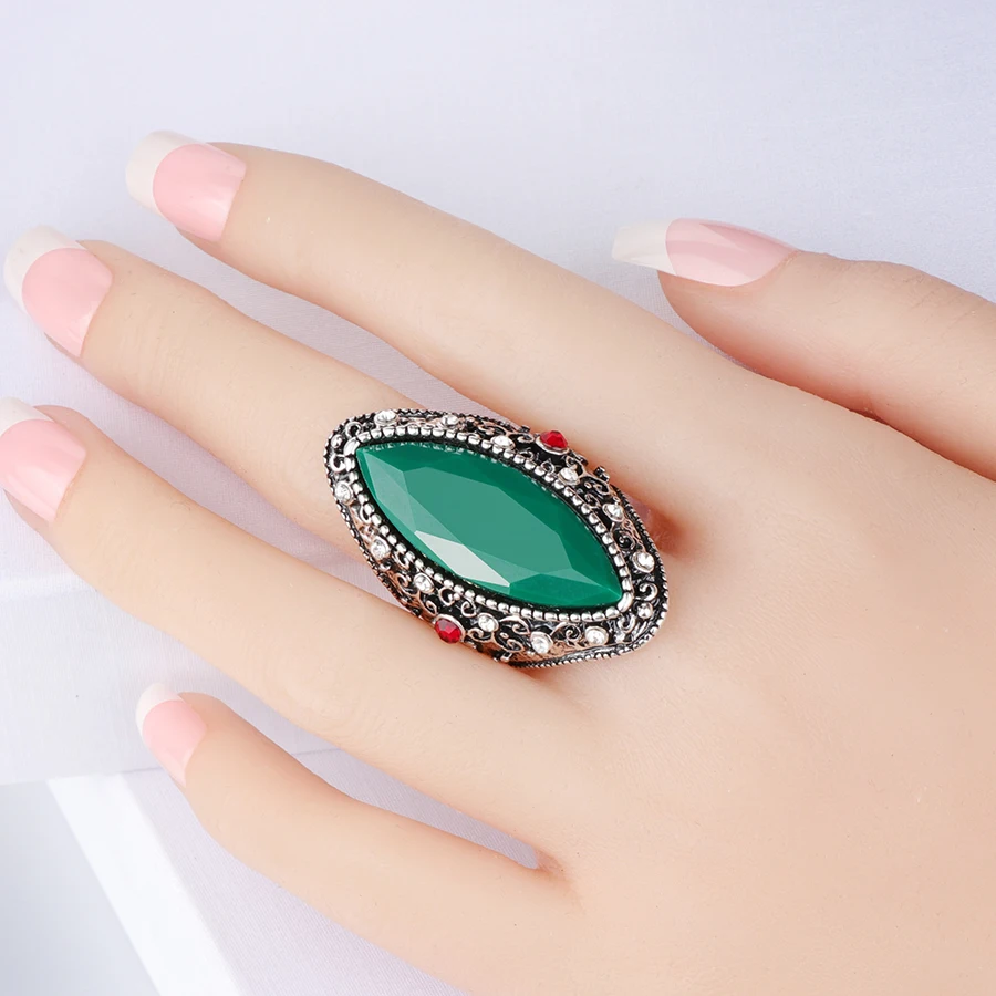 Kinel 2019 New Geometric Green Stone Rings For Women With White Rhinestones Vintage Jewelry Silver Color Antique Ring