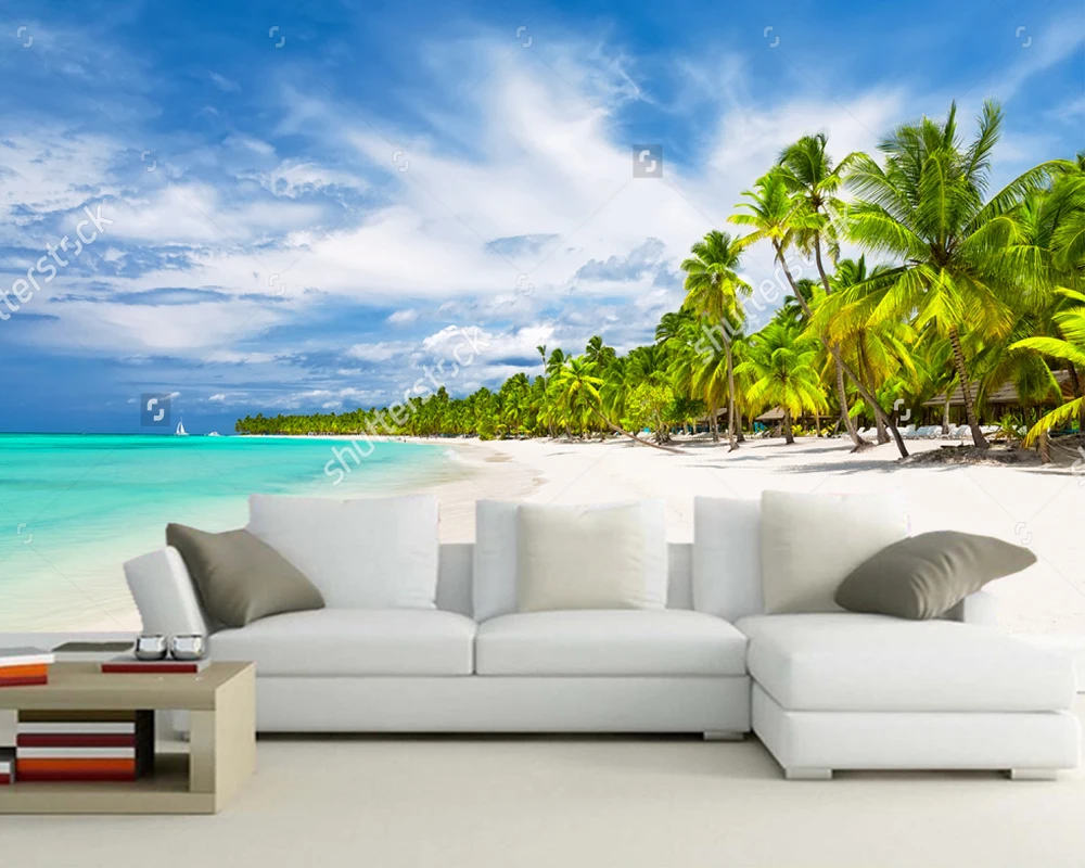 

Custom home decoration wallpaper,Coconut Palm trees on white sandy beach,natural landscape for living room bedroom background