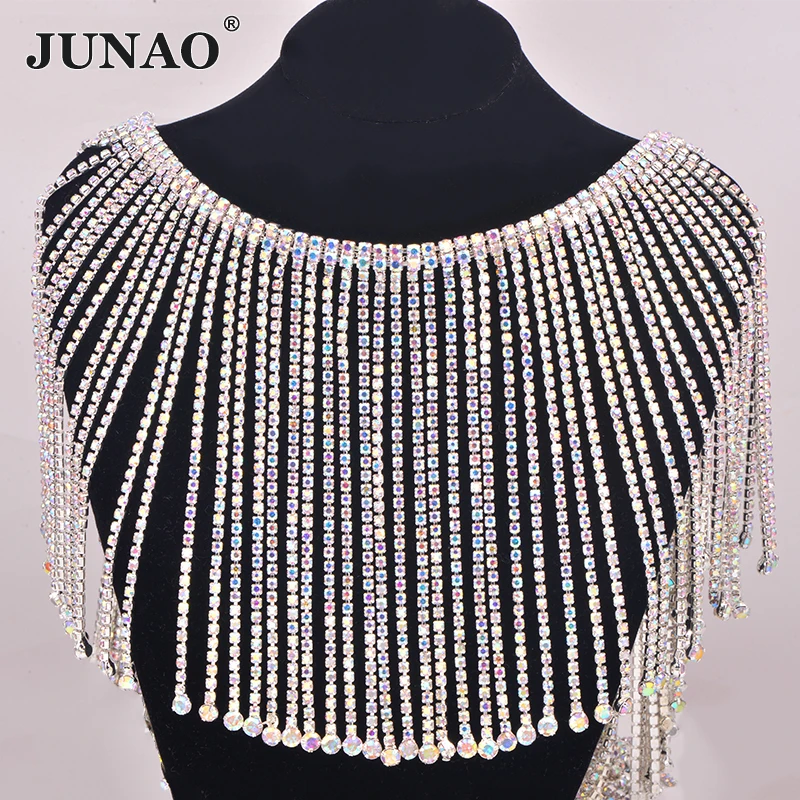 JUNAO 45cm/lot Glitter Clear Glass Rhinestone Chain Fringe Metal Strass Tassel Trim Crystal Ribbon Clothes Applique