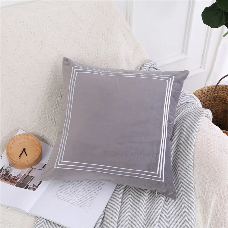 Solid Home Decorative Velvet Cushion Cover Vintage Embroidery Pink Purple Mint Grey Blue Pillow Case for Home Sofa Bed  45x45cm