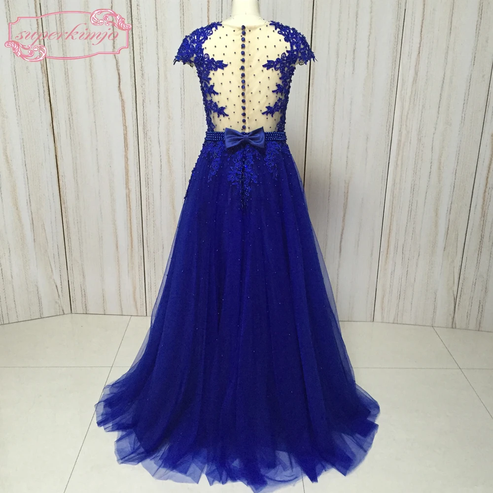 SuperKimJo abiti da sera abiti con scollo a v appliques del merletto perle borda manicotto della protezione royal blue prom dresses vestidos de fiesta