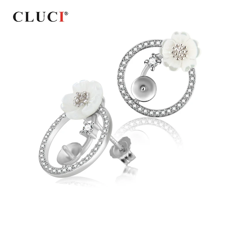 

CLUCI Silver 925 Flower Earrings Jewelry Zircon Pearl Mounting 925 Sterling Silver Stud Earring for Women Anniversary SE064SB