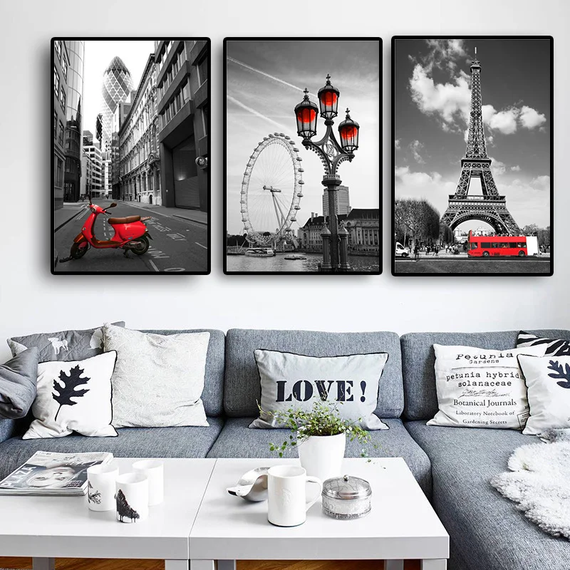 Black and White Eiffel Tower London Eye Wall Art Canvas Modular Painting Nordic Posters And Prints Wall Pictures For Living Room image 2