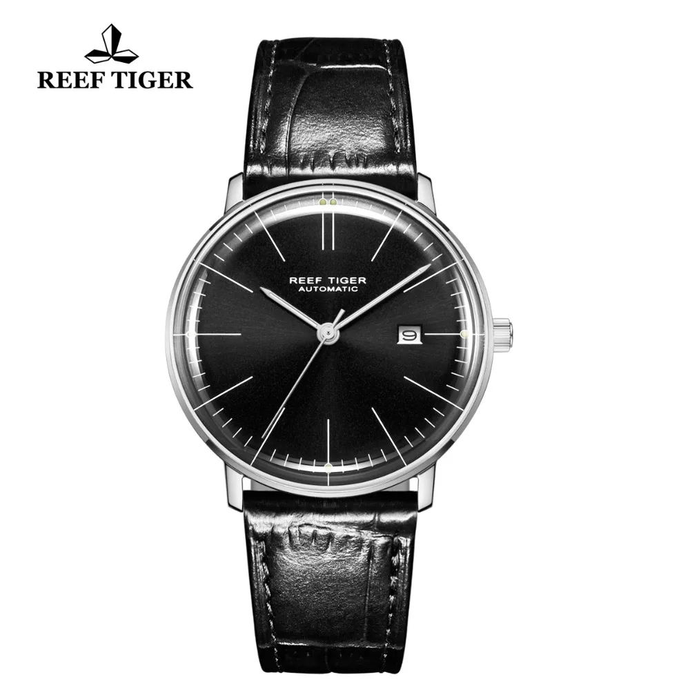 Reef Tiger/RT Luxury Simple Style Men Watch Ultra Thin Steel Genuine Leather Strap Waterproof Automatic Watches RGA8215