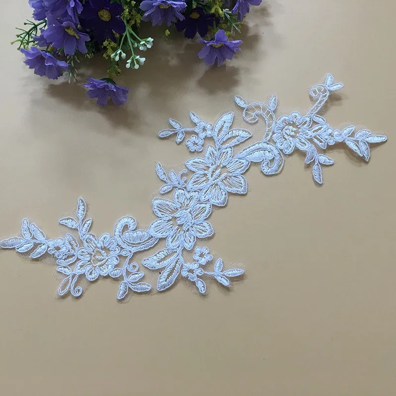 2Pcs Beautiful Alencon Lace Applique Corded Lace Appliqued Embroidery Bridal Motif Sewing Material DIY Craft Wedding Dress Decor