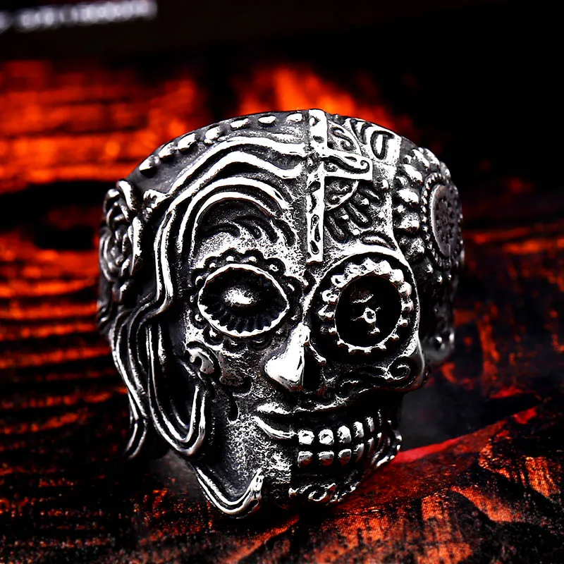 Beier 316L Stainless steel Colorful geen eyes Gothic gold Carving kapala Skull Ring Biker Hiphop rock Jewelry For man LR327