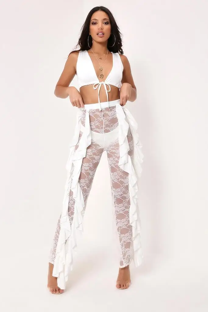 BKLD Sexy Women Beach High Waist Pants New 2025 Ruffles Lace See-through Wide Leg Pants Ladies Sexy Bikini Cover Up Trousers