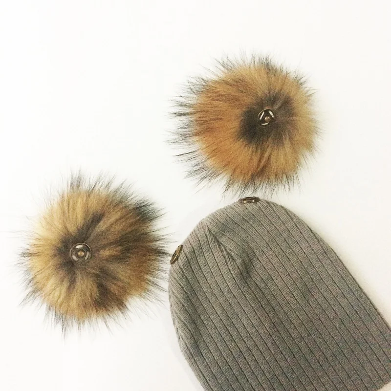 Baby Hat Natural Raccoon Fur Baby Cap Two Pompom Kids Caps Winter Children\'s Hats With Pompom