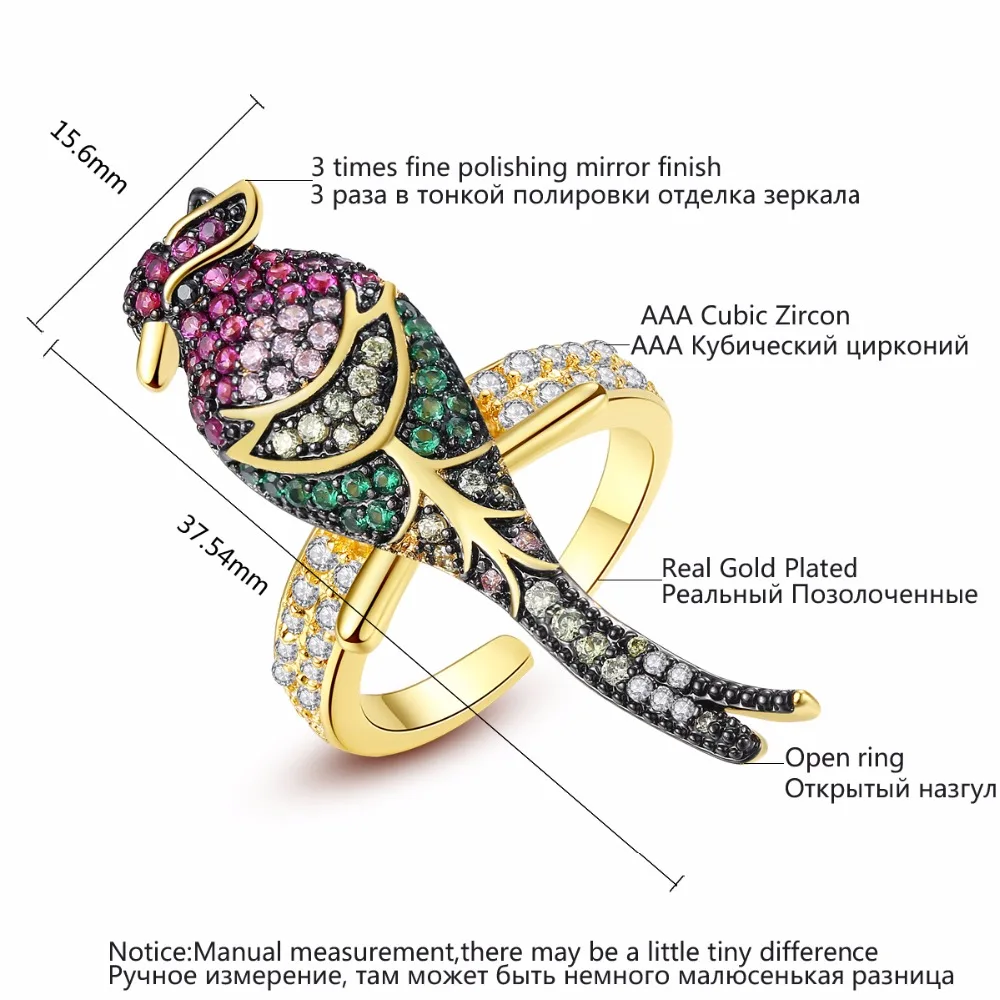 LUOTEEMI New Trendy Gold Color Multi Cubic Zirconia Paved Vivid Parrot Bird Animal Rings For Women Bijoux Jewellery Party Gifts