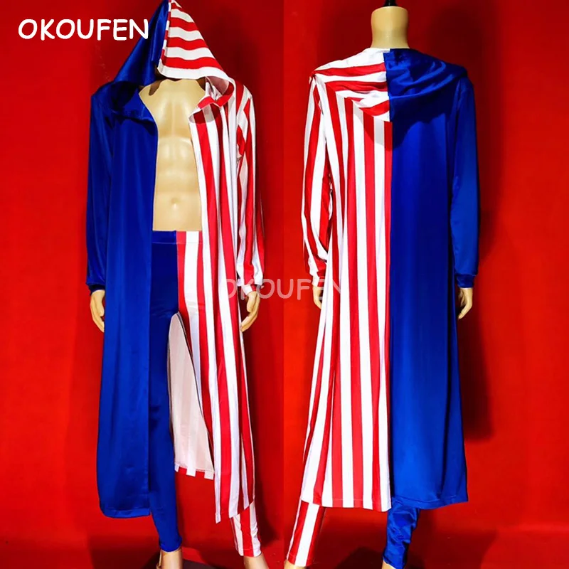 Nightclub Men and Women Bar Clown Red and Blue Geometric Stitching Long Cape Cloak Costume Set