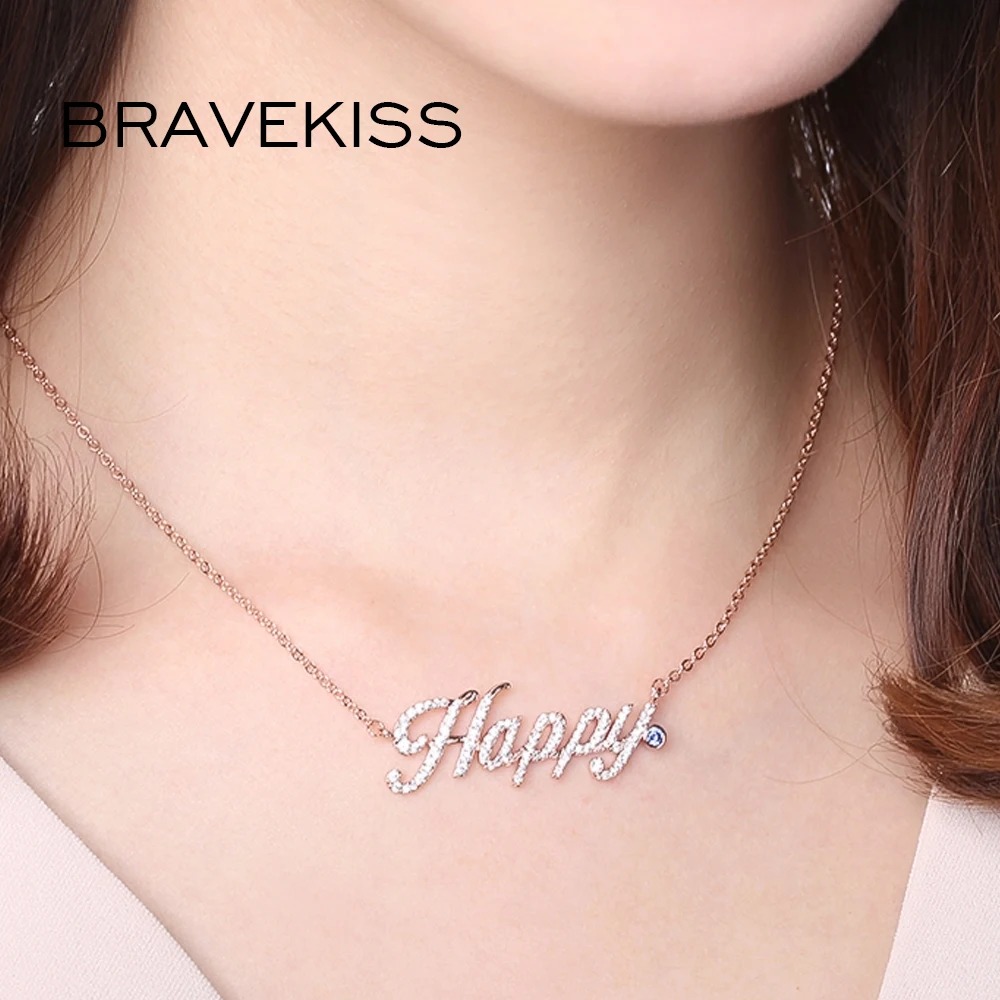 BRAVEKISS Rose Gold Color Happy Letter Pendant Necklace For Women Adjustable Extend Chain Jewellery Colar Feminino BUN0278