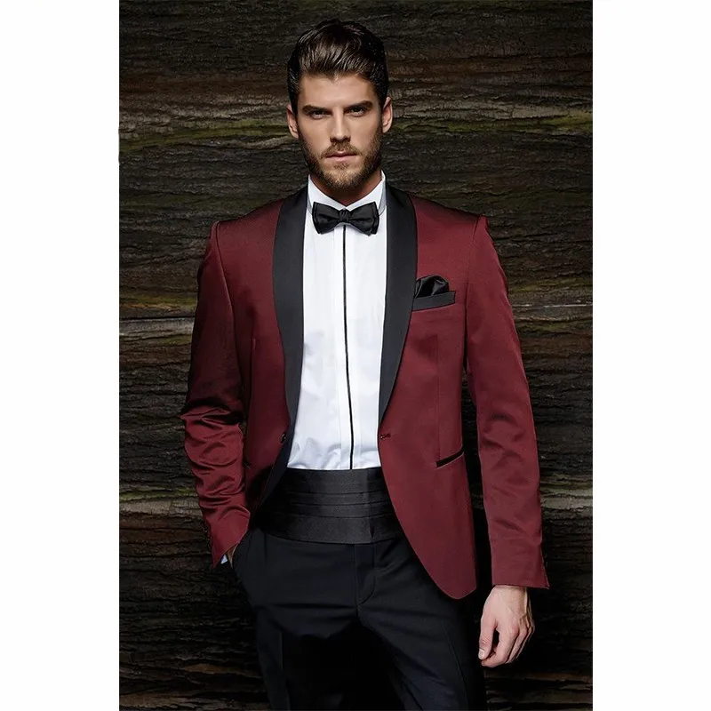 

Fashion One Button Burgundy Groom Tuxedos Groom Men's Wedding Prom Suits dress wear wedding men suit (Jacket+Pants+Girdle+Tie)