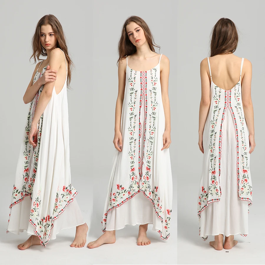 TEELYNN Maxi biała sukienka boho Vintage, w kwiaty haftowane bez rękawów pasek długie letnie sukienki odzież plażowa kobiety sukienka Vestido