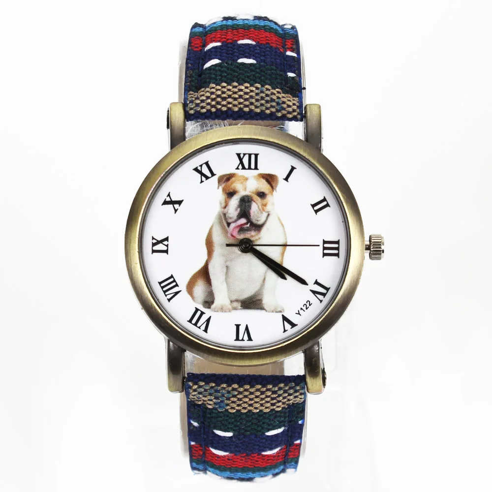 Bulldog Large Pet Dog Watch Women Men Military Camouflage Denim Canvas Belt For English French Dogs Sport Quartz Wrist Watch