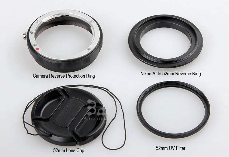 4in1 Macro lens reverse protection ring kit ai to 52mm cpl uv filter cap adapter ring for d80 d90 d3100 d3200 d5100 d5200 d7000