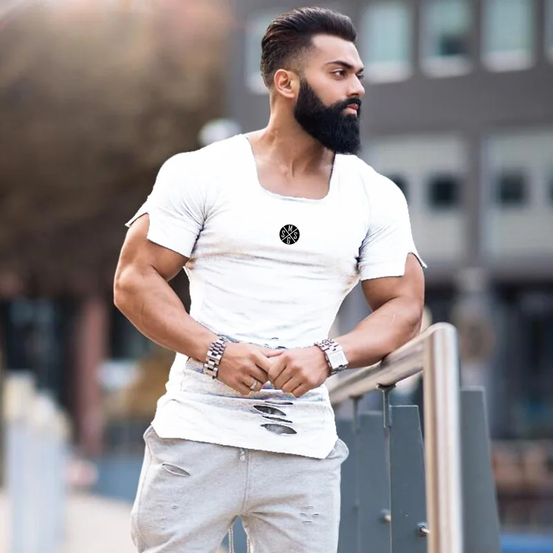New Fashion Summer Ripped Hole T Shirt Men Cotton Breathable Clothing Mens Tight Short Sleeve Fitness t-shirt slim fit Gyms Tees