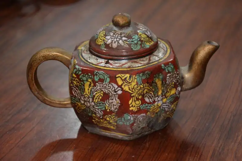 Old Chinese Handicraft Enameled YiXing Zisha (red stoneware) Teapot, gilt, with mark, Free shipping