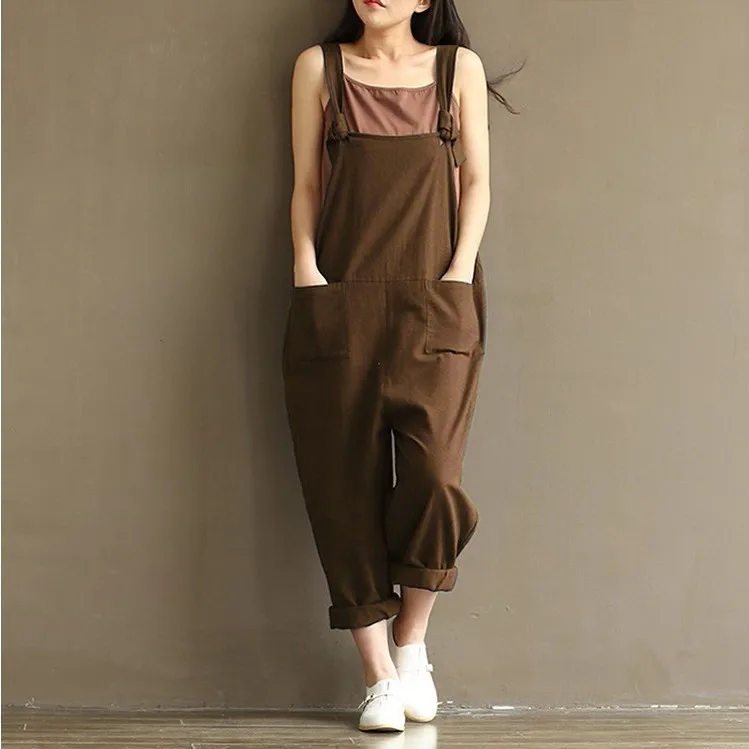 Summer Jumpsuits new artistic large size cotton suspenders wide-leg pants ladies casual slacks