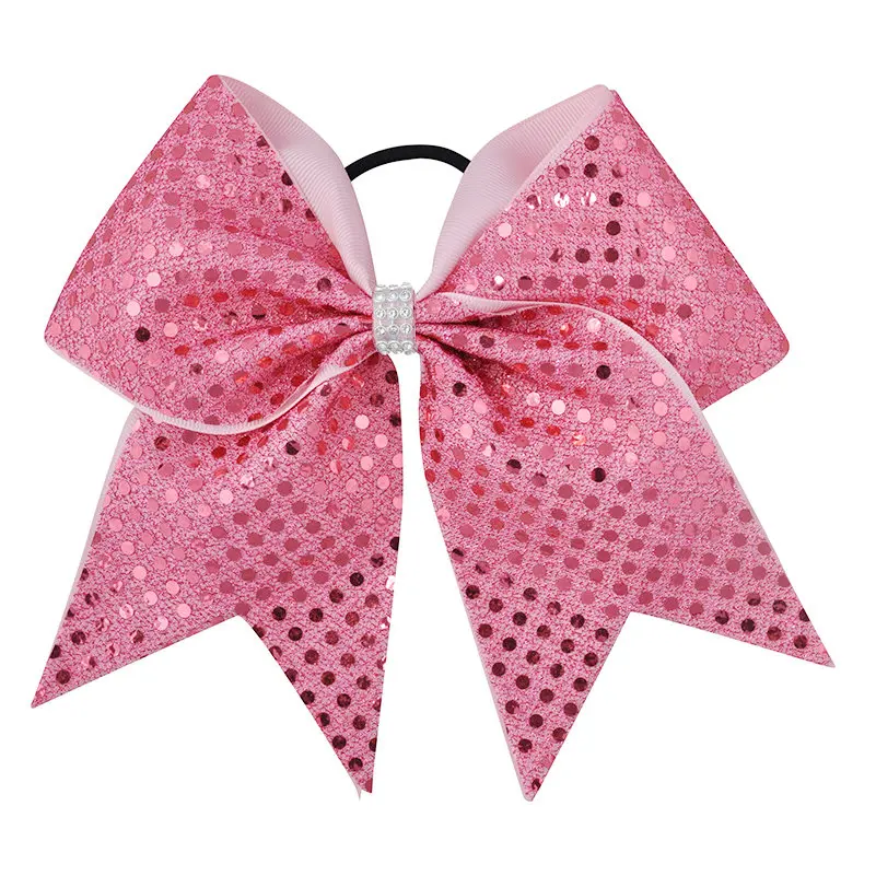 12Pcs 7 Inches Sequin Cheerleading Bows Sets Woman Large Bowknot Elastic Hairband Girls Hair Bows Accessories Ties Gum Rope