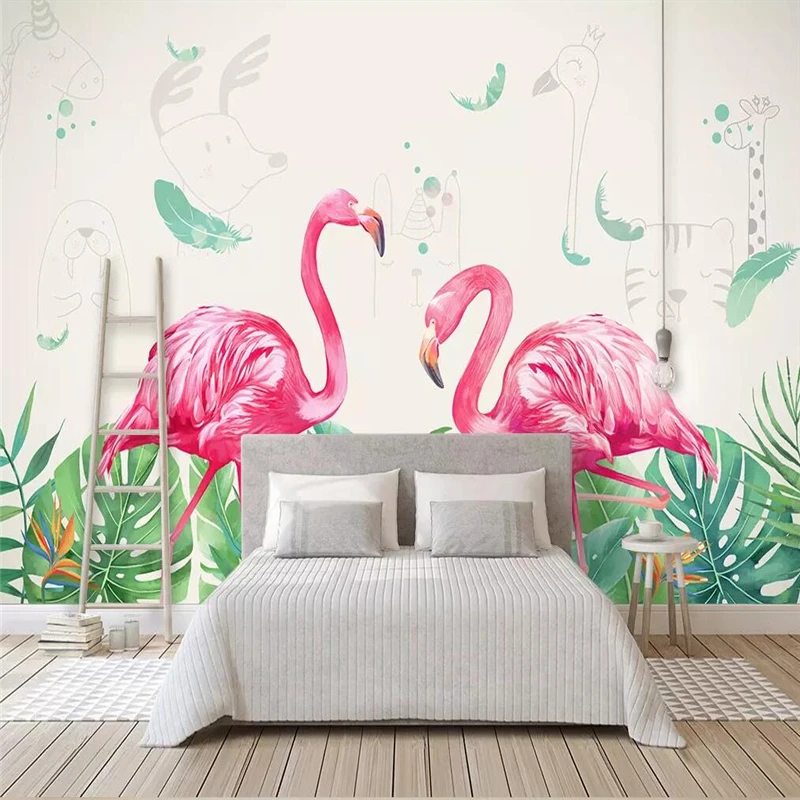 Decorative wallpaper Small fresh hand painted flamingo children's room wallpaper princess beige background wall