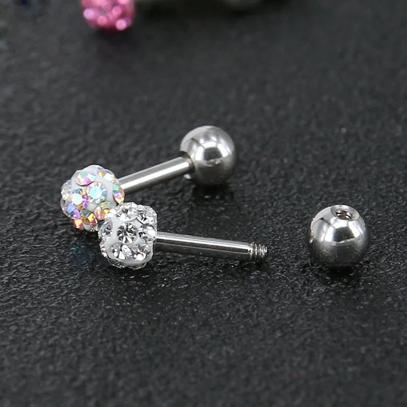 Women stainless steel Ear Studs Punk Crystal ball T-Type Screw Cute Stud Earrings Medical Titanium Steel Ear Piercing Jewelry