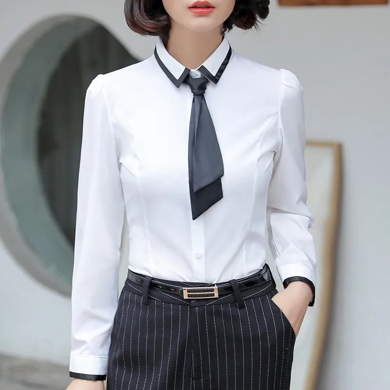 Camisas New Fashion Women Shirt Autumn Formal Elegant Patchwork Tie Long Sleeve Slim Blouse Office Ladies Work Wear Tops