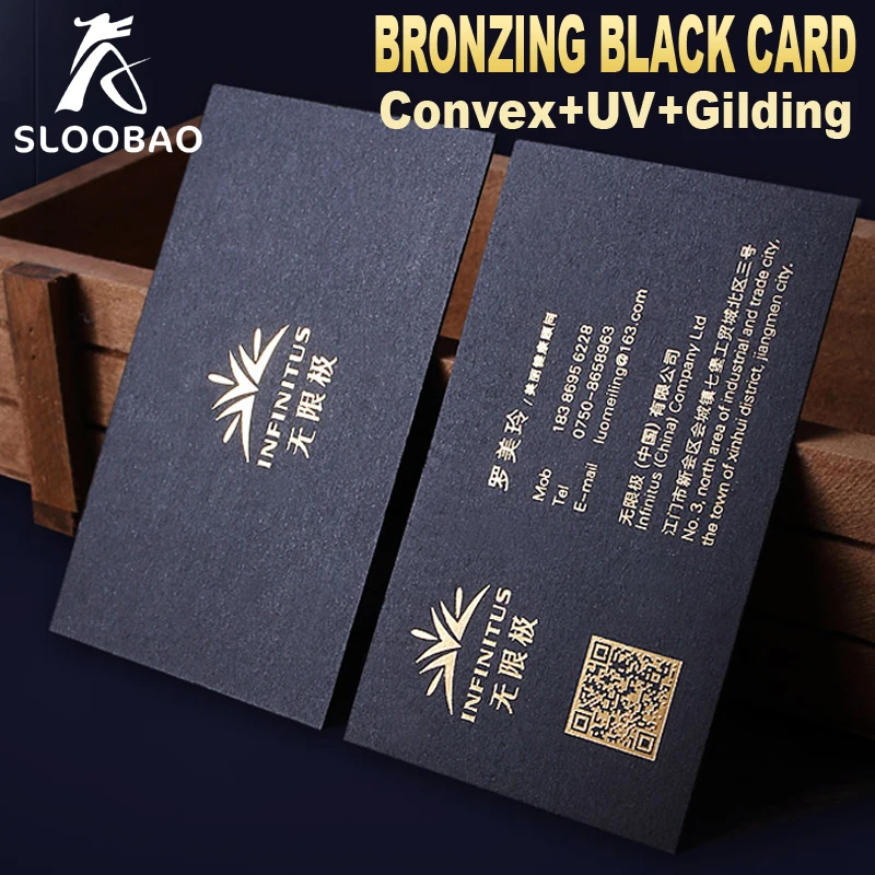 

Customized printed UV business card/black cardboard paper/hang tags double-sides concave-convex two-dimensional code with gold