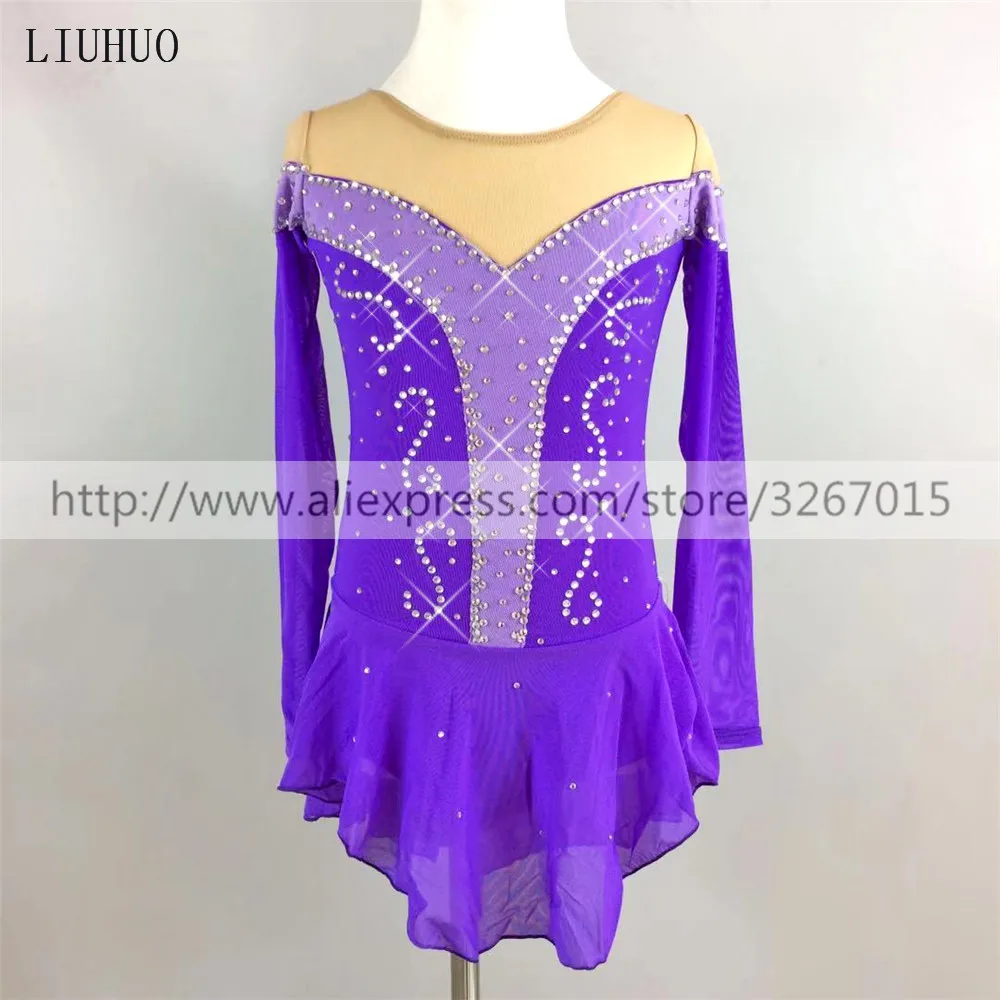 LIUHUO Women Aldult Girl Customize Costume Performance Competition Leotard Ice Figure Skating Dress Roller Dance Kid Purple Teen