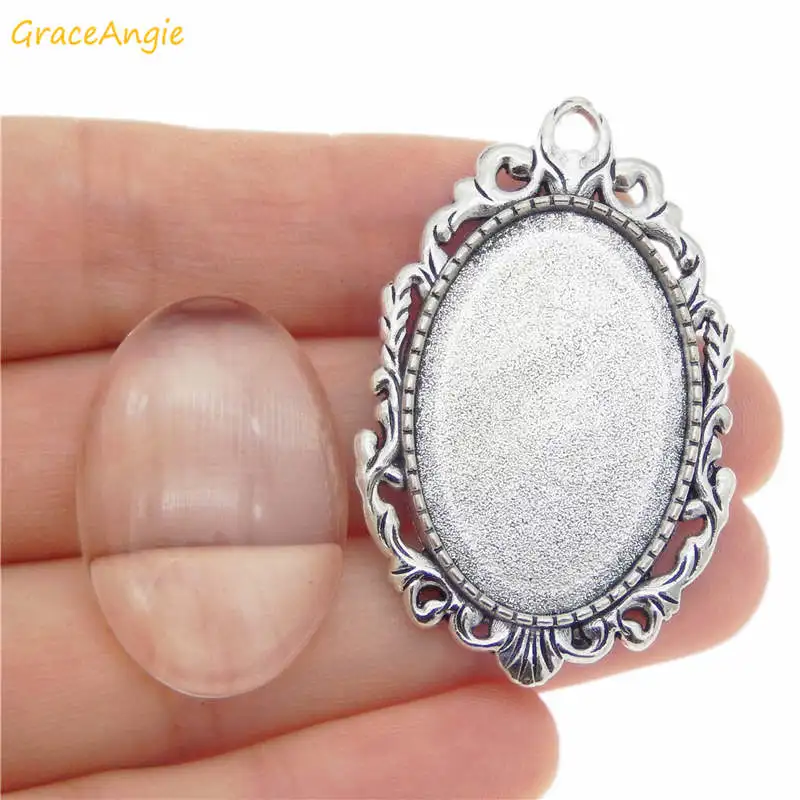 GraceAngie 2 sets Antiqued Silver Color Brooch Base+Glass Oval Cabochon Vintage Brooch Pin Accessory DIY Jewelry Findings