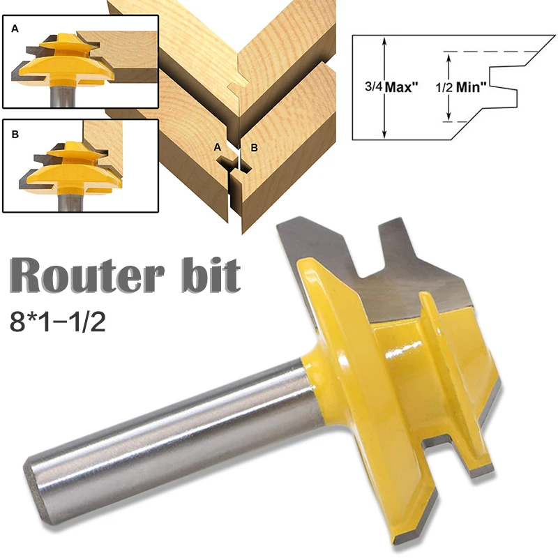 Woodworker Lock Miter Router Bit 45 Degree Width 8*1-1/2 Woodworking Drill Bit 8mm Shank Tenon Cutter Woodwork Milling Cutters