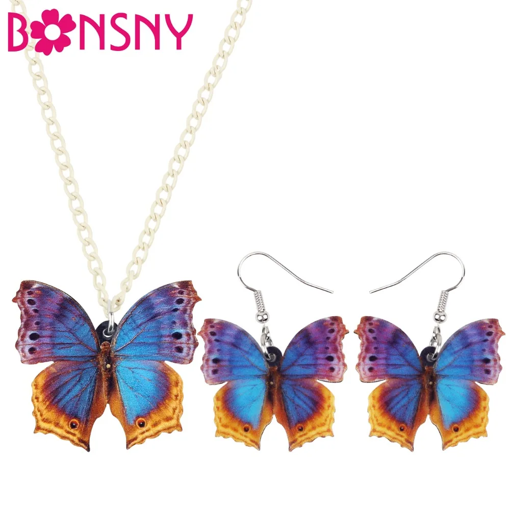 Bonsny Acrylic Tropic Floral Butterfly Earrings Necklace Pendant Fashion Insect Jewelry Sets For Women Girls Teen Gift Wholesale