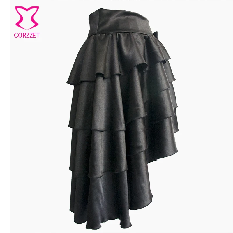 Victorian Black Ruffle Satin Layered Asymmetical Gothic Skirt Women Skirts With Bow Matching Steampunk Corsets and Bustiers