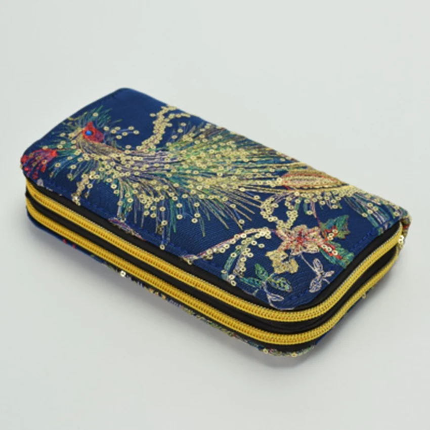 National wind double-sided embroidery high-end features peacock embroidery long zipper hand take change mobile phone bag