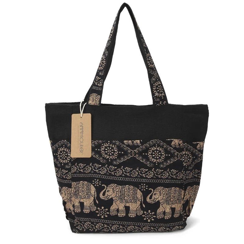 Annmouler Large Capacity Shoulder Bag Elephant Printed Women Tote Bags Canvas Patchwork Handbags Top Handle Cotton Totes