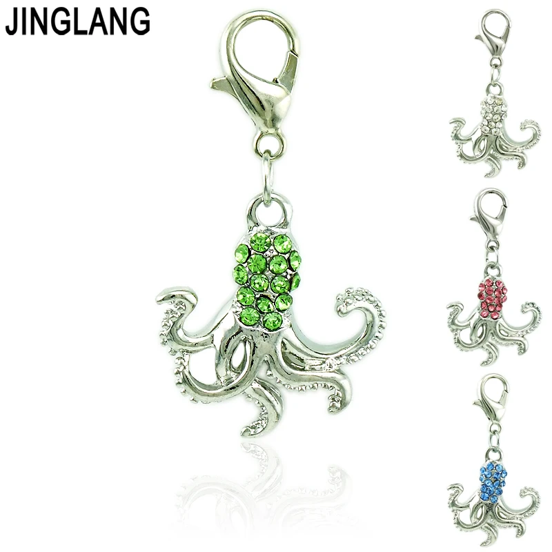 

JINGLANG Wholesale Lobster Clasp Charms Dangle Rhinestone Cuttlefish Animals Pendants DIY Charms For Jewelry Making Accessories